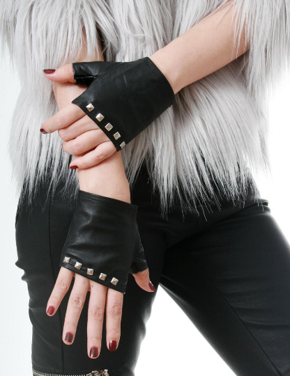 Genuine Soft Lambskin Leather Punk Boxing Fighting Biker Riding Fingerless Glove with metal studs