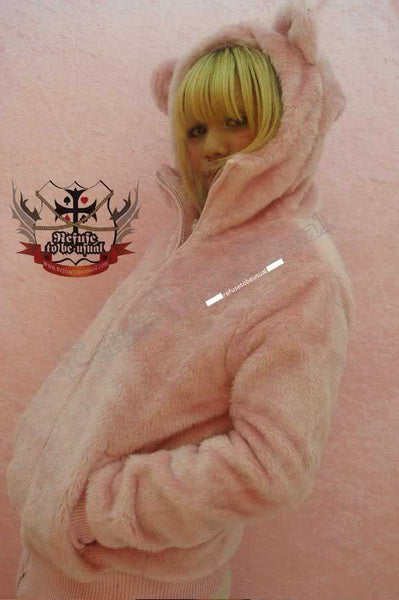 Pink Q BEAR 1/3 Mask Teddy Ear Hoody Punk Plush Faux Fur Parka Jacket Lined