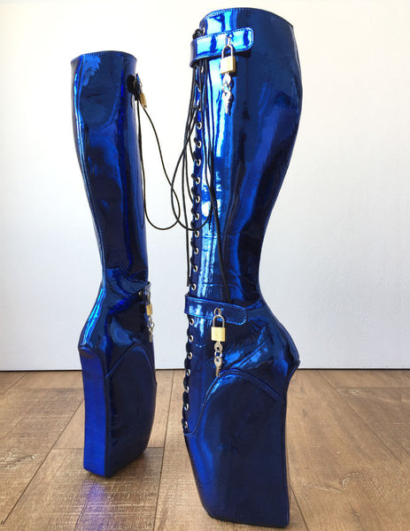 18cm Beginner Metallic Blue Heelless Fetish Punk Goth Pinup Ballet Lockable Boot