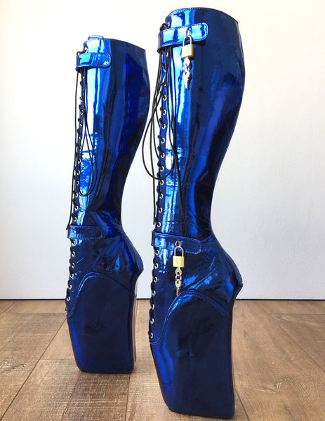18cm Beginner Metallic Blue Heelless Fetish Punk Goth Pinup Ballet Lockable Boot