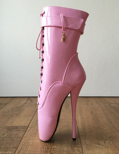 18cm Babe Pink Shiny Patent Fetish Pinup Cosplay Calf Hi Ballet Dance Show Boots