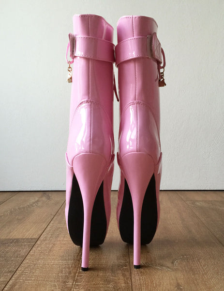 18cm Babe Pink Shiny Patent Fetish Pinup Cosplay Calf Hi Ballet Dance Show Boots