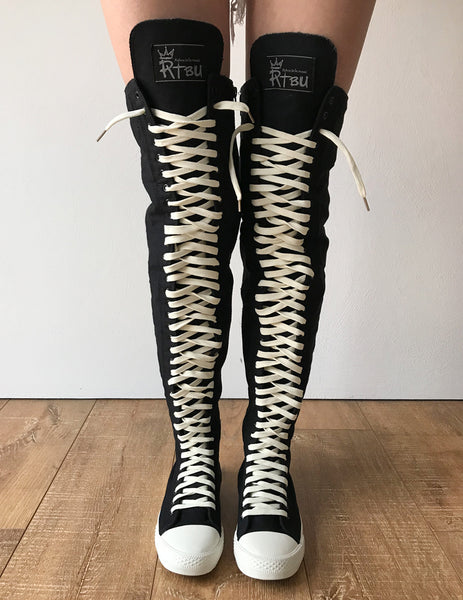 RTBU Ivory Frosting 35 Hole Punk Thigh Hi Black Canvas Lace Up Sneaker Boot