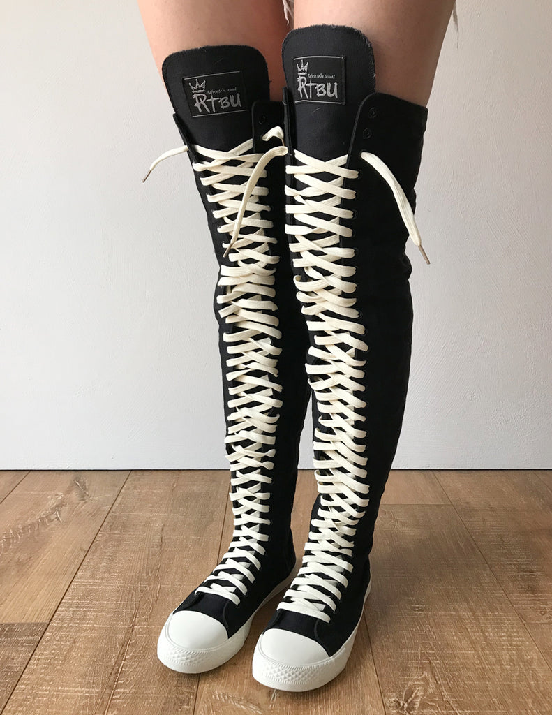 RTBU OREO 35 Hole Punk Goth Thigh Hi Canvas Laceup Zip Sneaker Boots Black