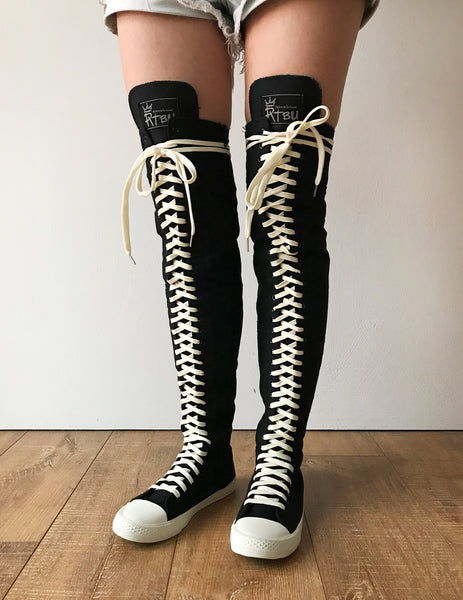 RTBU Ivory Frosting 35 Hole Punk Thigh Hi Black Canvas Lace Up Sneaker Boot