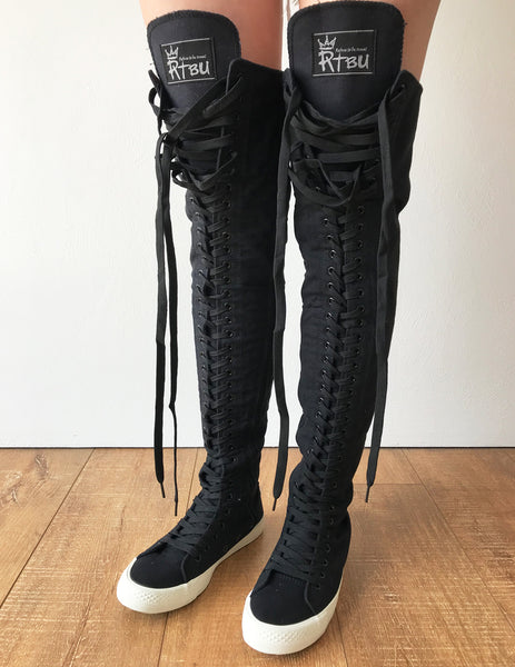 RTBU OREO 35 Hole Punk Goth Thigh Hi Canvas Laceup Zip Sneaker Boots Black