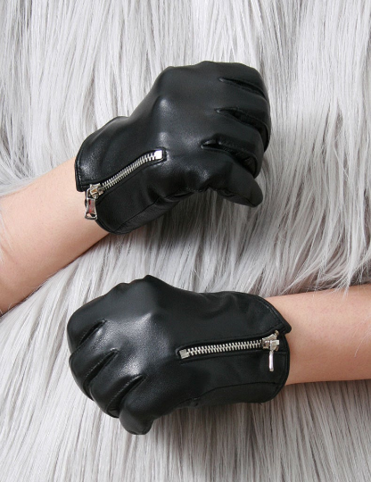 Genuine Leather Lambskin Sheepskin Punk Rocker Biker Dancer Fingers Zip Glove Lined