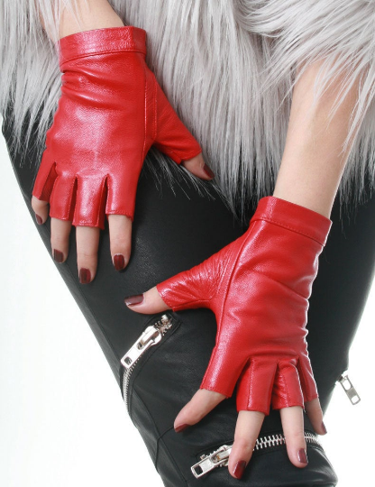 Genuine Leather Lambskin Sheepskin Punk Rocker Biker Dancer Half Finger Snap Button Red