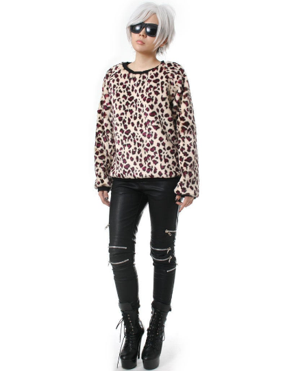 RTBU Glam Punk Rock Slouchy Boyfriend Leopard Faux Fur Furry Jumper Sweatshirt