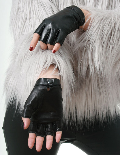 Genuine Leather Lambskin Sheepskin Punk Rocker Biker Dancer Half Fingers Wrist Snap Button Glove
