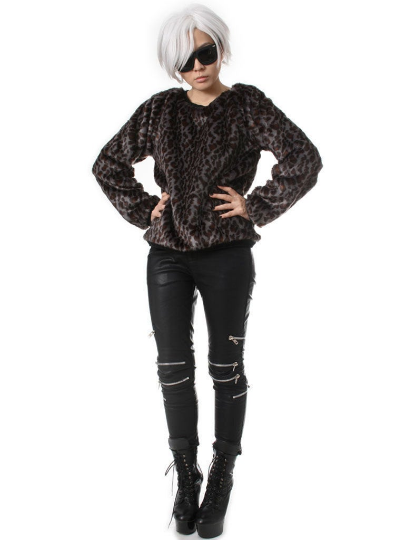 RTBU Punk Rock Gray Leopard Vegan Faux Mink Fur Coat Furry Pullover Sweatshirt