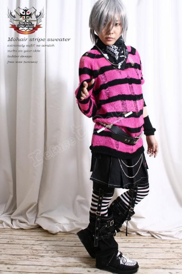 Punk Ladder Sweater Acrylic Mohair Knit Pullover HOT PINK NEON Stripe 6 Stripes