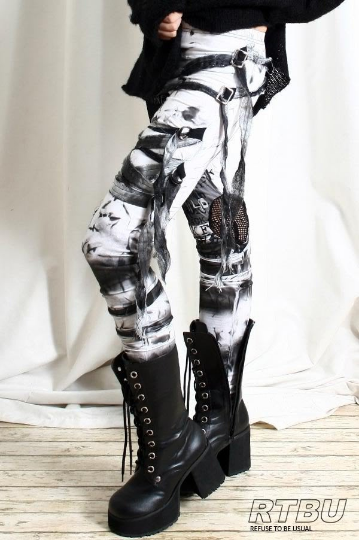 Unisex Ultra Long Gathered Punk Gothic Rocker Distressed Tie Dye Legging/Pants