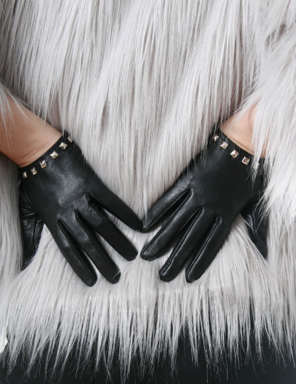 Genuine Sheepskin Leather Fashion Runway Model Scoop Wrist Gloves w/ Metal Stud Trim