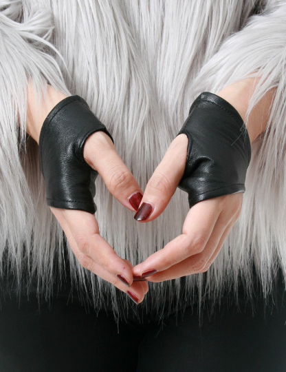 Genuine Leather Lambskin Punk Half Cropped Fingerless Mini Gloves XXS (16cm to 16.5cm)