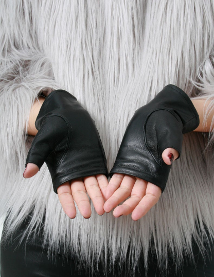 Genuine Leather Lambskin Punk Fingerless Motorcycle Biker Riding Glove Warmer