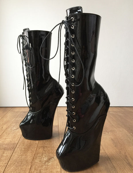 MYLI II (More Eyelets) Heavy Hoof Sole Heelless Mid-Calf Boots Black Patent