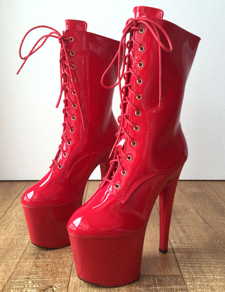 RTBU DENZEL 20cm Platform Calf Lace Up Show Boot Extreme Fetish BDSM Red Patent