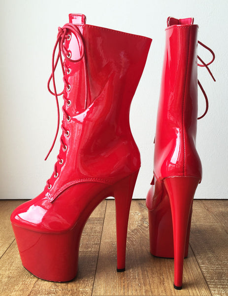 RTBU DENZEL 20cm Platform Calf Lace Up Show Boot Extreme Fetish BDSM Red Patent