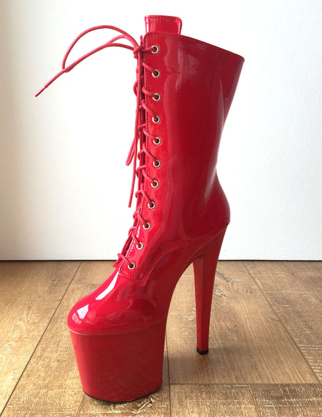 RTBU DENZEL 20cm Platform Calf Lace Up Show Boot Extreme Fetish BDSM Red Patent