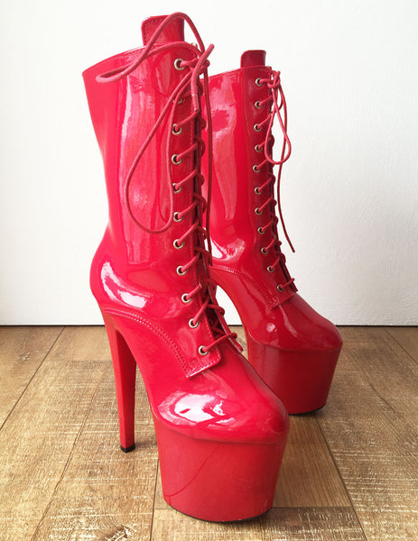 RTBU DENZEL 20cm Platform Calf Lace Up Show Boot Extreme Fetish BDSM Red Patent