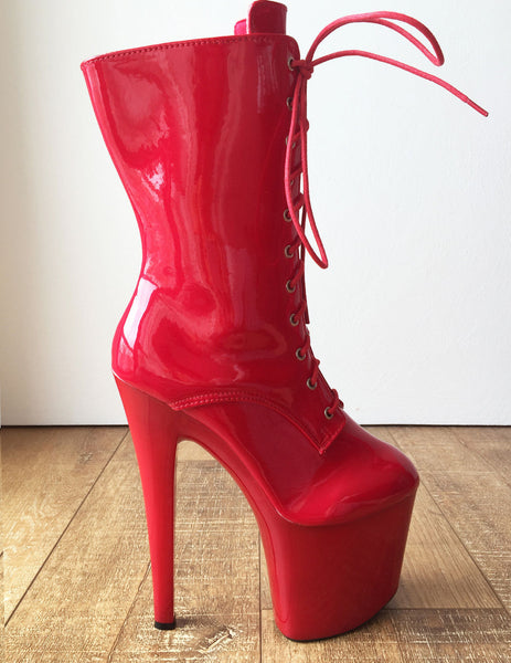 RTBU DENZEL 20cm Platform Calf Lace Up Show Boot Extreme Fetish BDSM Red Patent