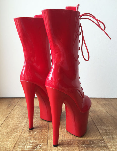 RTBU DENZEL 20cm Platform Calf Lace Up Show Boot Extreme Fetish BDSM Red Patent