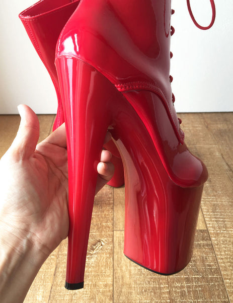 RTBU DENZEL 20cm Platform Calf Lace Up Show Boot Extreme Fetish BDSM Red Patent