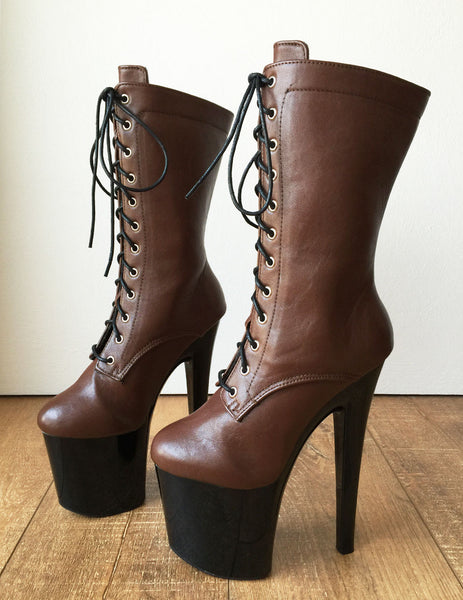 RTBU ZOE 20cm Platform Calf Lace Up Boot Extreme Fetish BDSM LARP Brown Black