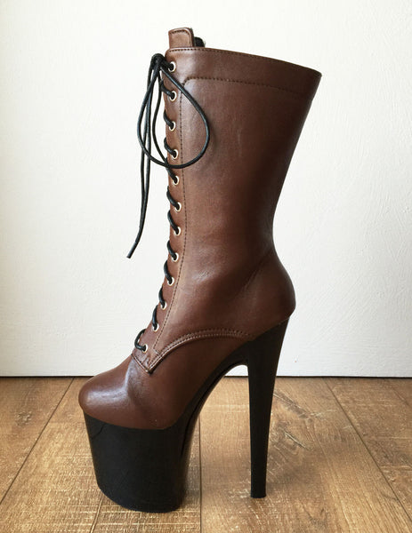 RTBU ZOE 20cm Platform Calf Lace Up Boot Extreme Fetish BDSM LARP Brown Black