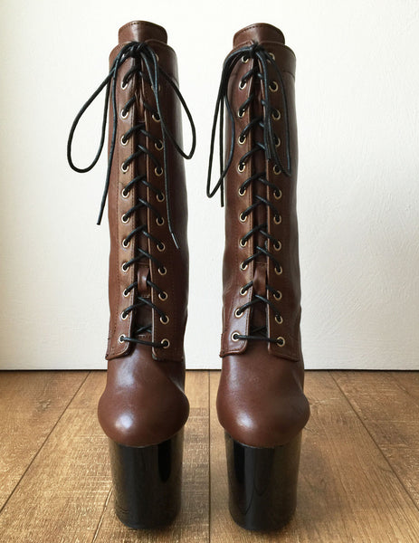 RTBU ZOE 20cm Platform Calf Lace Up Boot Extreme Fetish BDSM LARP Brown Black