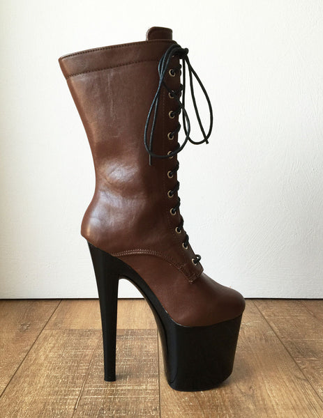 RTBU ZOE 20cm Platform Calf Lace Up Boot Extreme Fetish BDSM LARP Brown Black