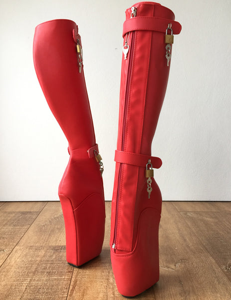 RTBU 6 KEYS Locking Zip Beginner Ballet Wedge Boots Fetish Dominatrix Red Matte