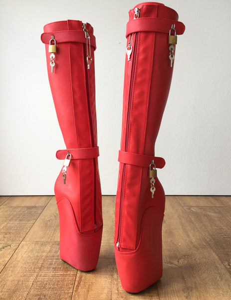 RTBU 6 KEYS Locking Zip Beginner Ballet Wedge Boots Fetish Dominatrix Red Matte