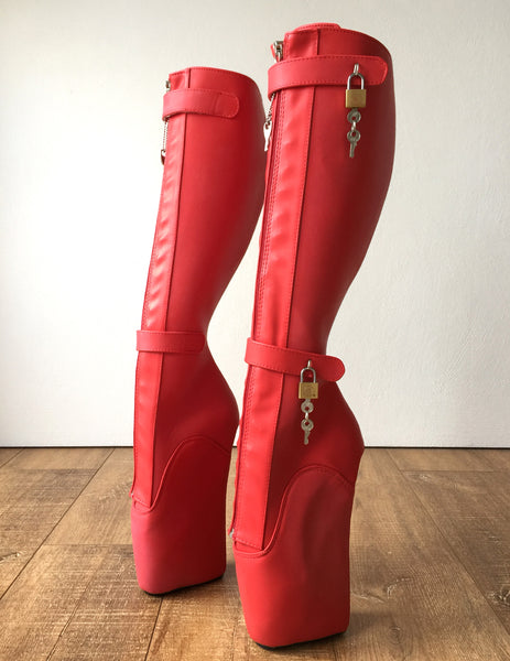 RTBU 6 KEYS Locking Zip Beginner Ballet Wedge Boots Fetish Dominatrix Red Matte