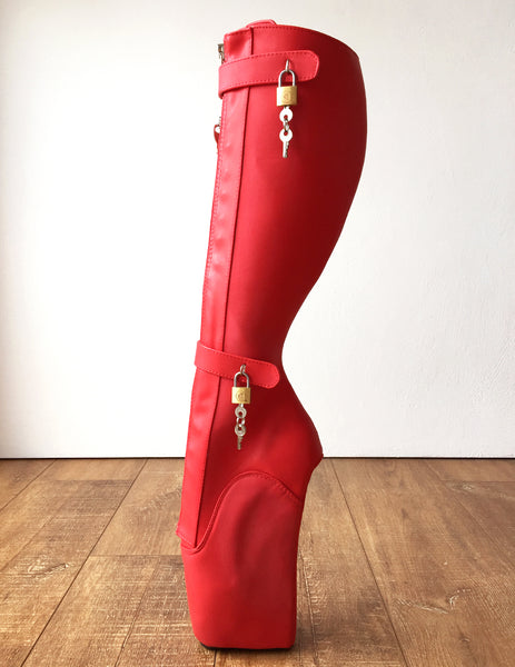 RTBU 6 KEYS Locking Zip Beginner Ballet Wedge Boots Fetish Dominatrix Red Matte