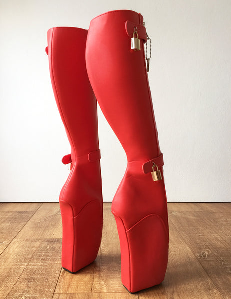 RTBU 6 KEYS Locking Zip Beginner Ballet Wedge Boots Fetish Dominatrix Red Matte