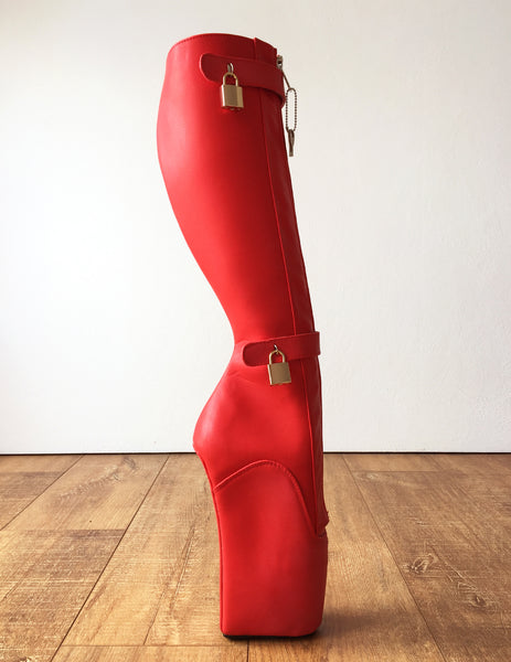 RTBU 6 KEYS Locking Zip Beginner Ballet Wedge Boots Fetish Dominatrix Red Matte