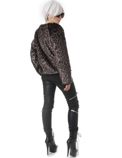 RTBU Punk Rock Gray Leopard Vegan Faux Mink Fur Coat Furry Pullover Sweatshirt