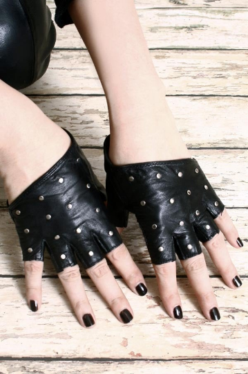 Genuine Leather Runway Punk Rocker Fingerless Sparkling Stud Biker Rider Gloves (17 to 18cm palm)