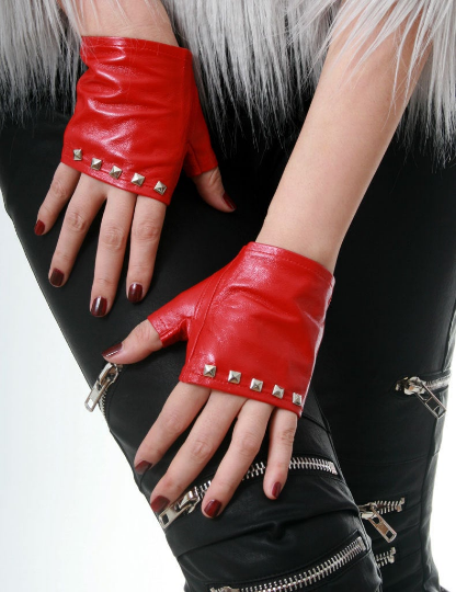 Genuine Soft Lambskin Leather Punk Boxing Fighting Biker Riding Fingerless Glove with metal studs