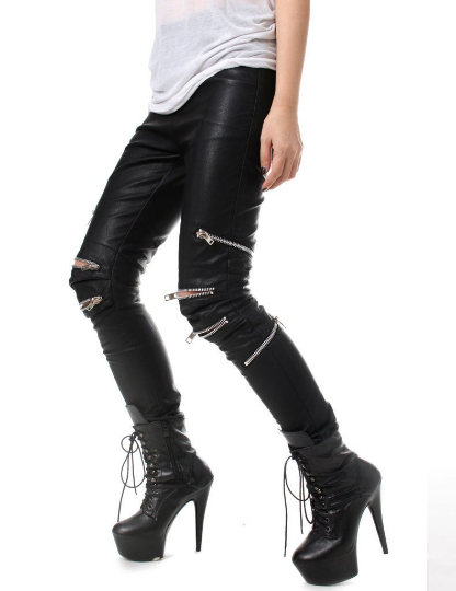Punk Rock Vegan Armor Biker 8 Metal Zipper Faux Leather Pants Men Women