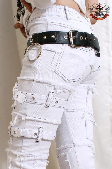 PUNK EMO Distressed Buckle Stretch Cigarette JEAN White