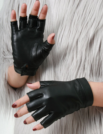 Genuine Leather Lambskin Sheepskin Punk Rocker Biker Dancer Half Fingers Wrist Snap Button Glove