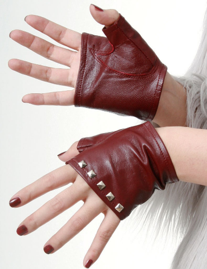 Punk Red Leather Lambskin Metal Studded Boxing Biker Fingerless Gloves