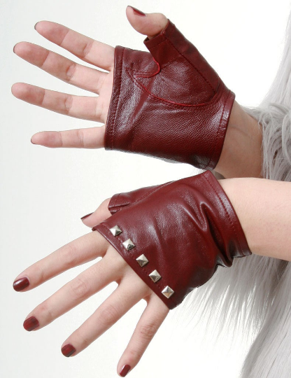 Genuine Soft Lambskin Leather Punk Boxing Fighting Biker Riding Fingerless Glove with metal studs