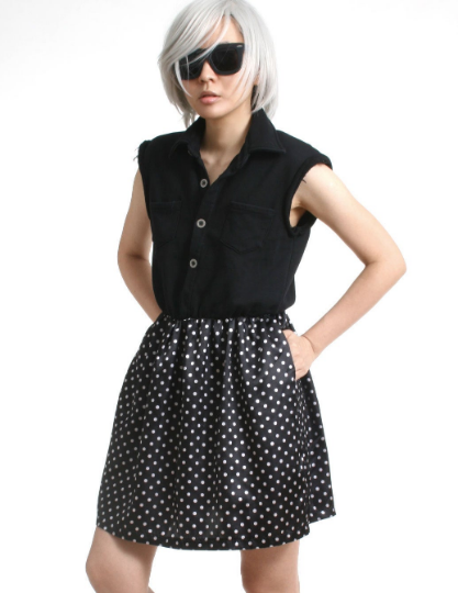 RTBU Cutie Punk Sweat Shirt Polka Dot Satin Button Sleeveless One Piece Dress