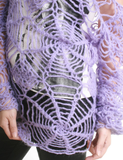 RTBU Gothic Kawaii Cutie Punk Cobweb Spider Web Net Acrylic Mohair Knitted Crochet Sweater Slouchy Off Shoulder Pastel Purple