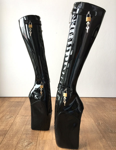 Rtbu 6 Keys Locking Zip Beginner Ballet Wedge Boots Fetish Dominatrix Black Patent