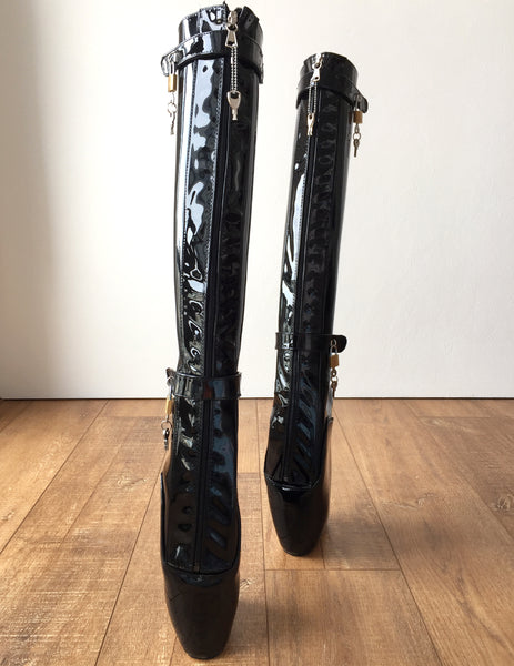 Rtbu 6 Keys Locking Zip Beginner Ballet Wedge Boots Fetish Dominatrix Black Patent